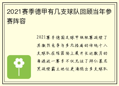 2021赛季德甲有几支球队回顾当年参赛阵容