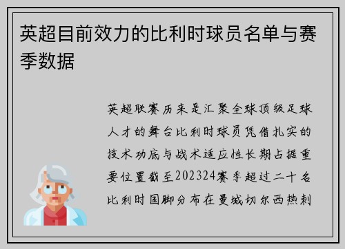 英超目前效力的比利时球员名单与赛季数据